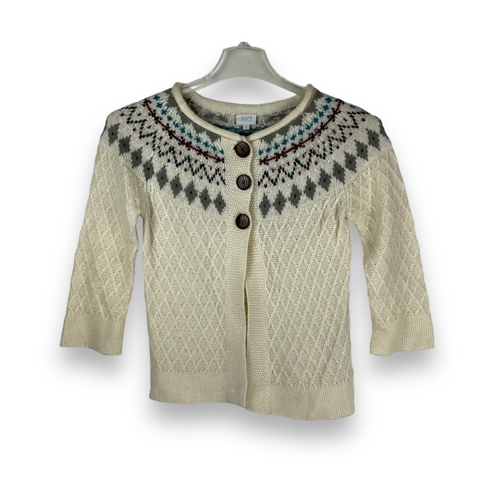 Vintage Cardigan Sweater Mohair Fair Isle Knit Cream Blue Red Women’s Size S